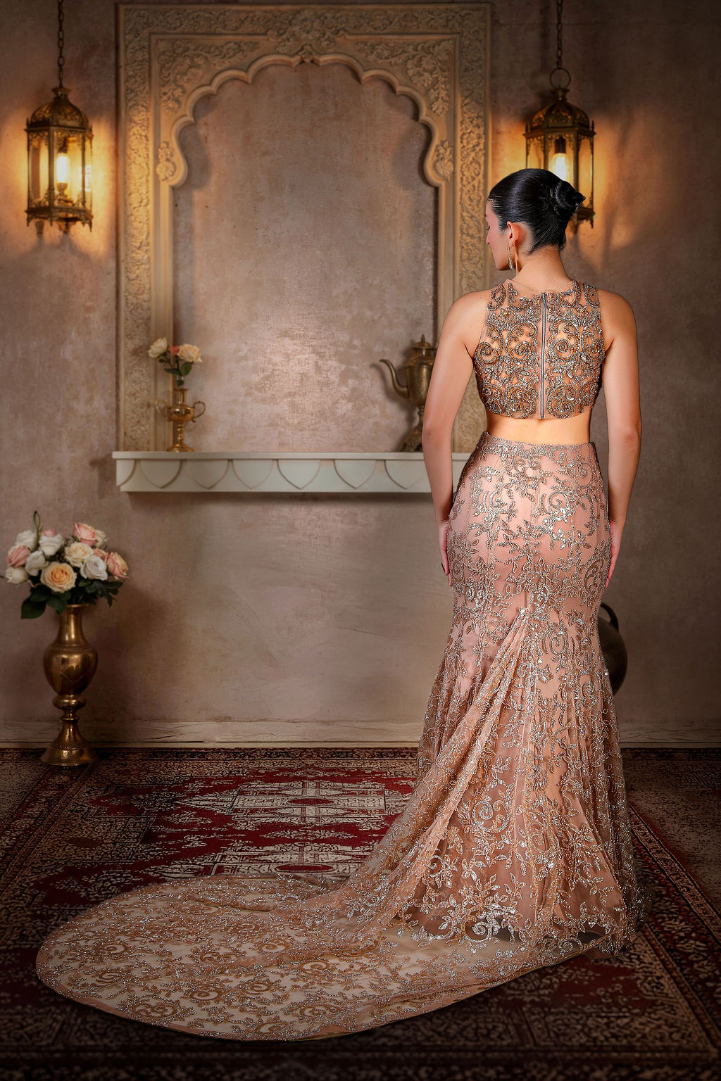 Rose-gold trail lehenga close-up